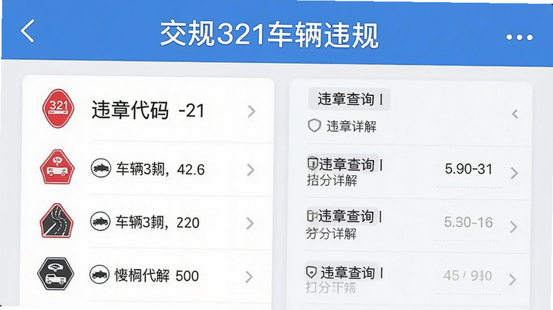 主体为交规321车辆违规手机APP界面,布局清晰展示违章代码列表与扣分详解,排版采用扁平化设计,风格简洁现代,细节呈现清晰的道路标志图标与文字说明,画质高清,干净无多余元素,文字包含