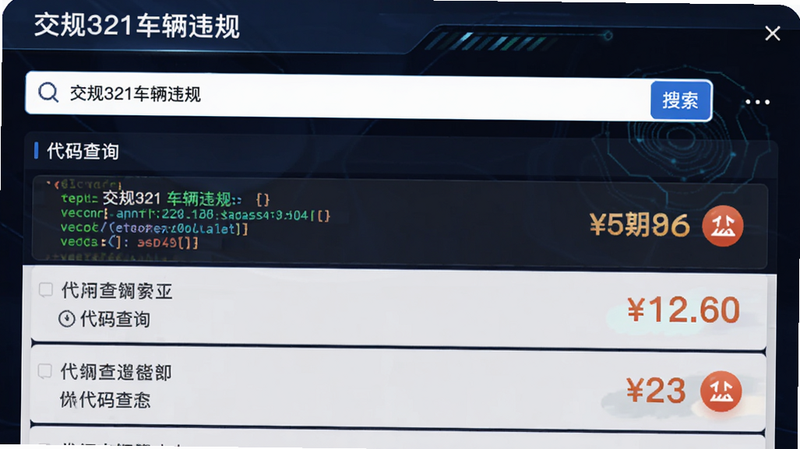 主体为交规321车辆违规APP的代码搜索界面,布局显示搜索框与结果列表,排版整齐,风格科技感,细节展示代码高亮显示与罚款金额图标,画质清晰,干净,文字包含