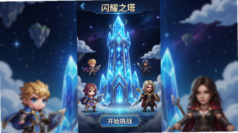 一张高清竖屏游戏截图,主体为“闪耀之塔”的游戏主界面,画面中央是一座高耸入云、散发着蓝色魔法光芒的晶体塔楼,塔身周围环绕着几位Q版与写实结合的英雄角色,底部有清晰的“开始挑战”按钮,背景为深邃的星空与飘浮的云朵,整体风格为奇幻二次元与写实光影结合,色彩鲜艳饱和,高清晰度,无杂乱UI元素,干净构图