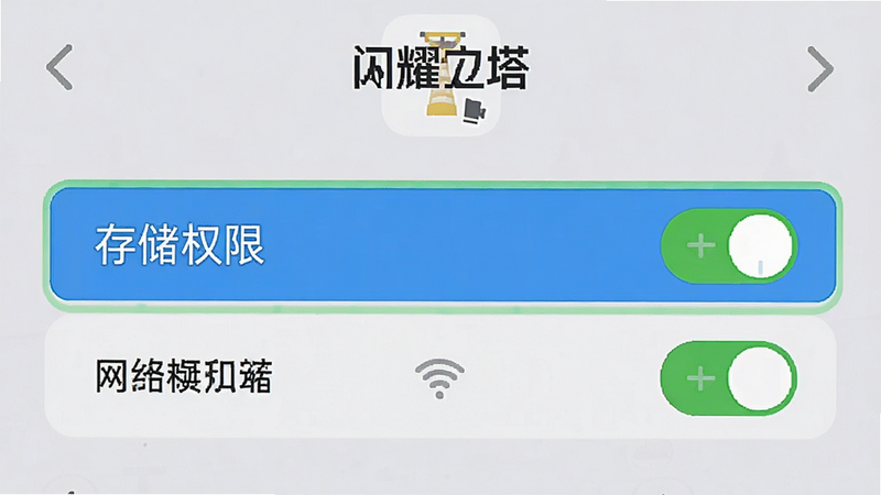 一张手机设置界面的示意图,显示“闪耀之塔”应用的权限管理页面,重点高亮显示“存储权限”和“网络权限”已开启,界面简洁明了,背景为浅灰色,文字清晰,无多余图标,高清晰度,实用教程风格