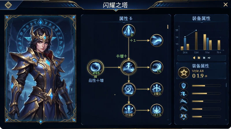 展示“闪耀之塔”的角色养成界面,左侧为角色立绘,右侧为技能树与装备属性面板,数据以图表形式呈现,界面设计科技感与奇幻风格结合,配色以深蓝与金色为主,清晰展示属性加成与技能连线,UI元素精致,无多余装饰,高分辨率,清晰可读