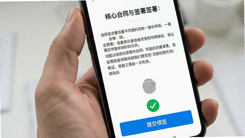�ֻ���Ļ��ʾ��ͬǩ��ҳ�棬�����к�ͬ���⣬�м�Ϊ��ͬ�����ı����ײ�����ɫ���ύ����ť����ť�Ϸ�����ɫ�Թ�ͼ���ʾ��֤ͨ��������Ϊ��ɫ�����־��У����Ϊ��෨���ĵ����棬ϸ�ڰ���ָ��ʶ��ͼ�꣬���ʸ��壬�ɾ����޶���Ԫ�أ����֡��ύ��ǩ���ڰ�ť����ʾ