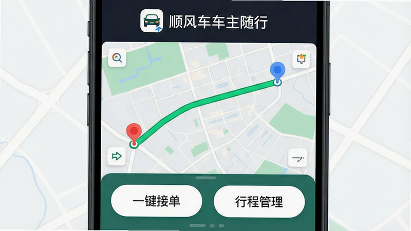 ����Ϊ��˳�糵�������С�APP�ĸ����ֻ���Ļ�����ͼ�����ֲ��ñ�ƽ����ƣ�������ʾ����Logo�����ƣ��м�����չʾ��ͼ������һ����������ɫ����·�ߣ�·�������յ��ú�ɫ����ɫԲ���ǣ��ײ����С�һ���ӵ��������г̹�����������Ű�ɫ��ť������Լ�ִ���ϸ�ڷḻ�����ʸ��壬�ɾ����޶���Ԫ��