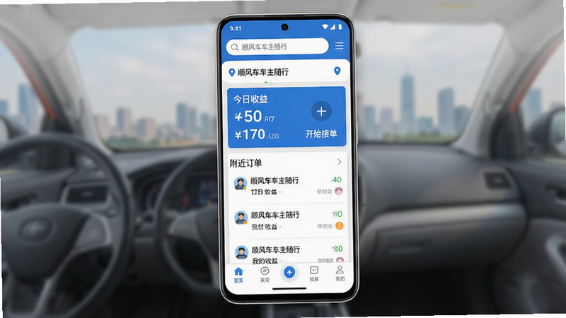 ��������ȫ��ͼ������Ϊ��׿�ֻ���Ļ����ʾ��˳�糵�������С�APP��ҳ����������������Ϊ�������붨λ���в�Ϊ���������桱��Ƭ�롰�����������б����ײ�Ϊ�����������Ϊ�ִ���ƽ����ƣ���ɫ�԰�ɫΪ������Ʒ������ϸ�ڴ��������Ӱ�����ʸ��壬�ɾ��޶���Ԫ�أ����ְ�����˳�糵�������С�������ʼ�ӵ��������ҵ����桱