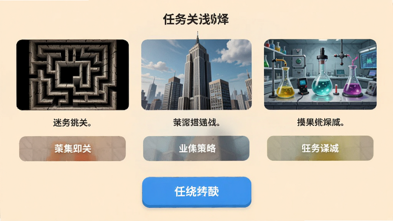 主体为任务选择界面,显示几个关卡缩略图,每个缩略图代表不同的挑战场景,如迷宫、高楼、实验室等,界面简洁明了,按钮突出,背景为柔和的米色,体现游戏的策略性和挑战性,清晰易读,无杂乱元素