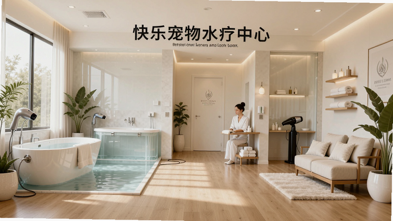 主体为“快乐宠物水疗中心”的店铺全景,布局展示宽敞明亮的水疗房间,包含浴缸、吹风机和休息区,排版开阔大气,风格现代简约,细节展示木质地板和绿植装饰,画质高清,光线柔和,干净整洁