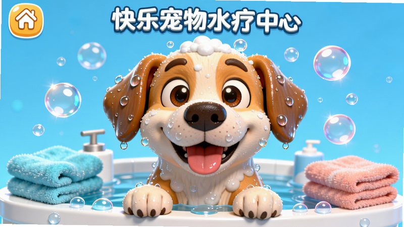 主体为“快乐宠物水疗中心”的游戏主界面,布局居中显示一只正在洗澡的卡通狗狗,周围环绕着泡泡和毛巾,排版简洁明快,风格为3D卡通渲染,细节丰富展现水珠光泽,画质高清4k,背景干净无多余元素