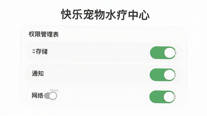 主体为“快乐宠物水疗中心”的设置界面,布局显示权限管理列表,包含存储、通知、网络开关,排版简洁,风格扁平化,细节展示开关状态,画质清晰,背景白色,无多余元素