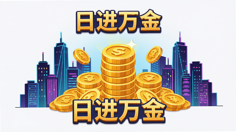 一张高清数字艺术插画,主体为名为“日进万金”的手机游戏主界面截图,布局采用中心对称设计,中央显示巨大的金币堆叠动画,周围环绕着霓虹风格的都市建筑剪影,排版整洁有序,风格为现代扁平化结合轻微3D质感,细节丰富展现金币光泽与城市灯光,画质4K高清,背景干净无多余杂乱元素,文字清晰可见“日进万金”