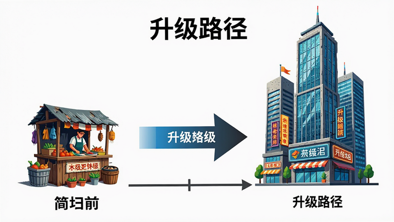 概念图展示一系列升级前后的商铺对比,左侧是简陋的小摊,右侧是摩天大楼,中间通过箭头连接表示升级过程,布局呈时间轴排列,风格为现代商业插画,色彩鲜艳对比强烈,细节展示建筑结构与招牌设计,画质精细,背景为纯净白色以突出主体,无水印,文字标注“升级路径”