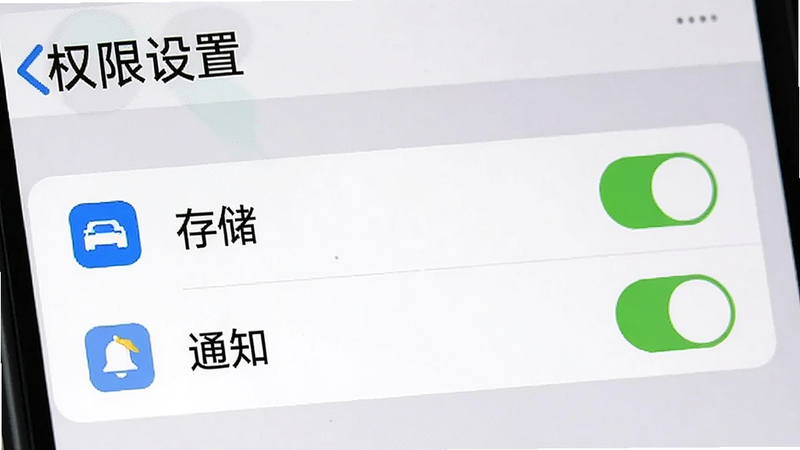 手机设置界面截图特写,显示权限管理页面,高亮显示“存储”和“通知”权限开关状态,布局清晰,风格简洁UI设计,细节展示开关按钮与图标,画质清晰,背景为浅灰色系统默认背景,无其他无关弹窗,文字清晰可读“权限设置”