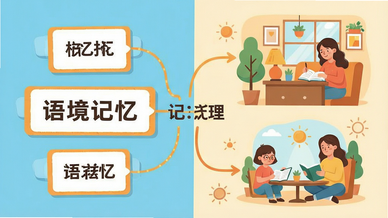 主体为概念示意图,左侧为单词卡片,右侧为对应的生活场景插画,布局左右对称,风格扁平化设计,色彩明亮温馨,细节展示记忆连接的线条,画质清晰,干净,无多余元素,文字