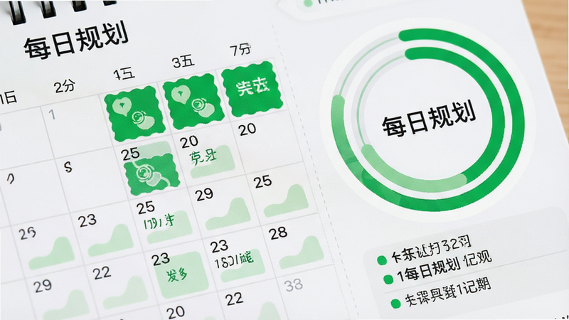 主体为日历界面与进度环,布局紧凑,风格清新自然,绿色点缀表示完成状态,细节展示每日打卡记录,画质清晰,干净,无多余元素,文字