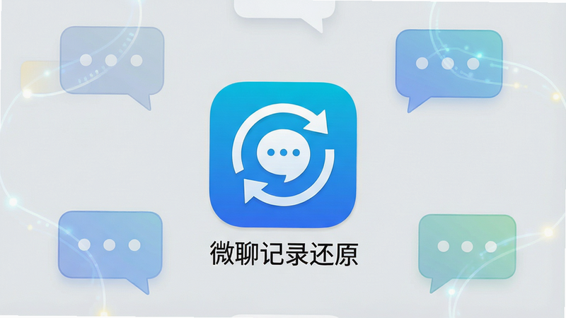 一张高清的安卓手机界面截图,屏幕中央显示“微聊记录还原”应用图标,图标设计简洁,包含对话气泡与循环箭头元素,背景为干净的浅灰色,周围环绕着几个半透明的对话气泡插图,象征数据恢复的过程,整体风格现代、科技感强,无多余装饰,画质清晰,文字“微聊记录还原”清晰可见