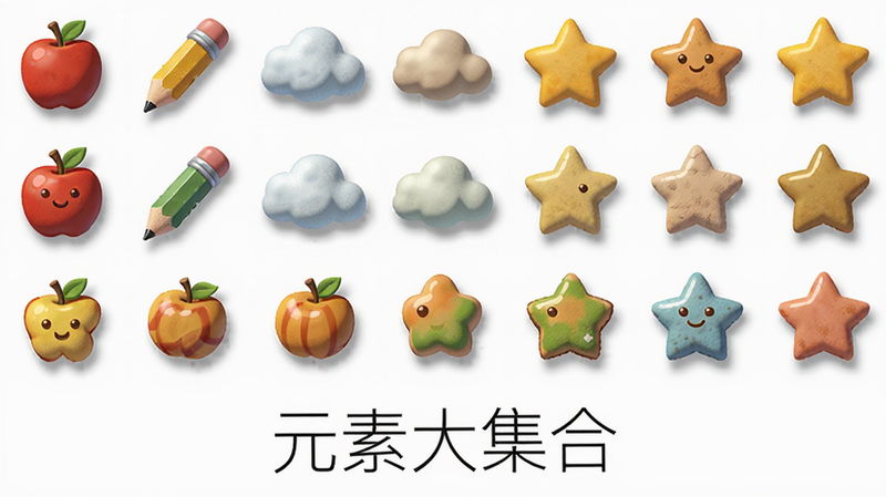主体为游戏内的元素展示界面,布局为网格状排列,展示了多种可消除的卡通物品,如苹果、铅笔、云朵、星星等,背景为纯白色,排版整齐有序,风格为极简主义插画,细节处每个物品都有独特的阴影和质感,画质清晰,干净无多余元素,文字