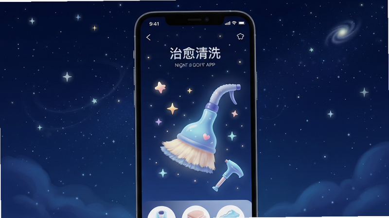 展示“治愈清洗”APP的夜间模式界面,背景为深蓝色星空,清洁工具发出柔和的光芒,布局宁静,风格梦幻治愈,细节展示星光点缀,画质高清,干净,无多余元素,文字标签显示“治愈清洗”