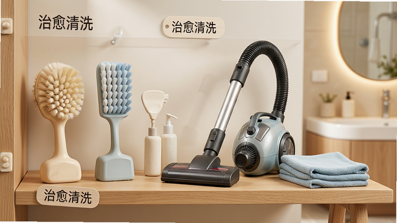 展示“治愈清洗”APP的工具选择界面,各种清洁工具如刷子、吸尘器、抹布整齐排列在货架上,背景是温馨的浴室,风格简约现代,细节展示工具纹理,画质高清,干净,无多余元素,文字标签显示“治愈清洗”