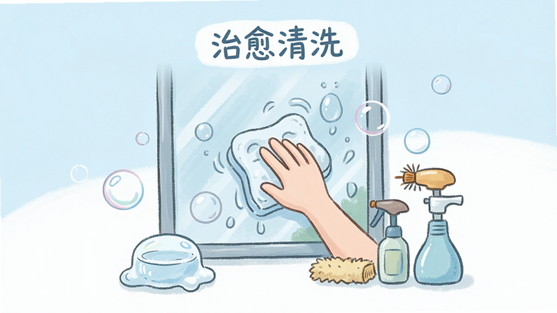 展示一款名为“治愈清洗”的手机应用界面,主体为一个正在被擦拭的玻璃窗,旁边有肥皂泡和清洁工具,背景是柔和的淡蓝色和白色,布局简洁,排版居中,风格为清新治愈系手绘风,细节包含水渍消失的动态效果,画质高清,干净,无多余元素,文字标签显示“治愈清洗”