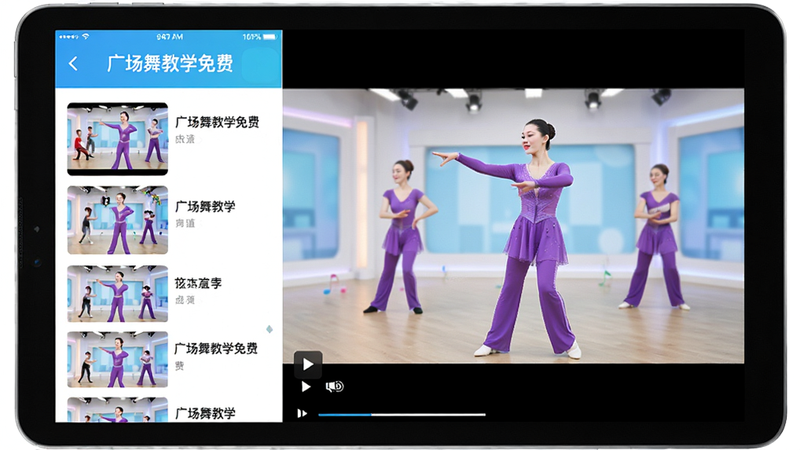 平板设备横屏显示“广场舞教学免费”应用,屏幕上分为左右两栏,左栏是视频列表,右栏是正在播放的舞蹈教学视频,画面中模特穿着紫色舞蹈服,背景为明亮的演播室,界面设计扁平化,色彩明快,高清画质