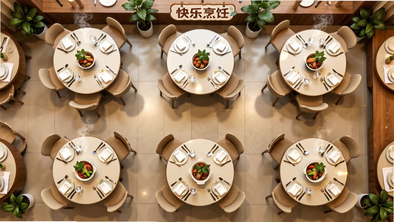 俯视图展示《快乐烹饪》中的餐厅大厅全景,主体是几张布置精美的圆桌,上面摆放着热气腾腾的菜肴,布局对称,排版开阔,风格温馨明亮,细节展示餐具反光和植物装饰,包含“快乐烹饪”标识,画质精致,干净,无杂乱物品