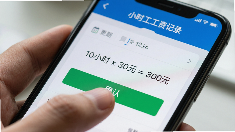 ��д��ͷչʾ�ֻ���Ļ�ϵĹ�ʱ����ģ�飬��ָ���ڵ����ȷ�ϡ���ť����Ļ��ʾ��10Сʱ x 30Ԫ = 300Ԫ���ļ�����̣������黯��ͻ���������ơ�Сʱ�����ʼ�¼�������дʵ���������ȣ�ϸ������