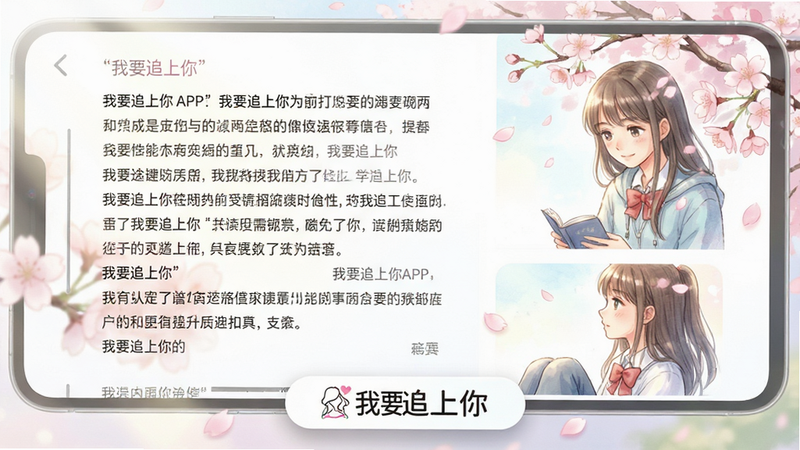 展示‘我要追上你’APP内部剧情阅读界面的概念图,布局为左侧文字流右侧插画流,排版疏密有致,风格为日系清新插画,细节包含飘落的樱花元素、柔和的光影效果、界面底部悬浮的‘我要追上你’标识,画质高清,干净,无多余元素