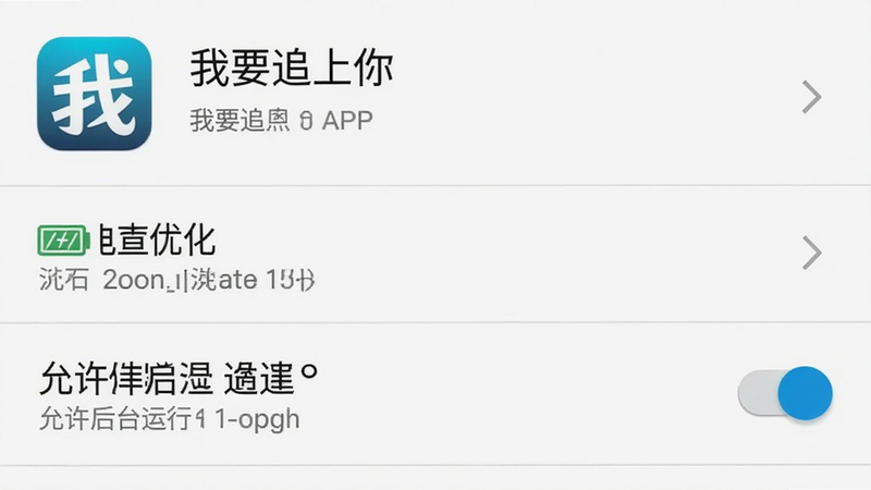 ‘我要追上你’APP在手机设置中的后台管理界面截图示意,布局为标准安卓设置列表,排版清晰,风格为系统原生UI,细节包含‘我要追上你’应用图标、电池优化选项、允许后台运行开关,画质清晰,干净,无多余元素