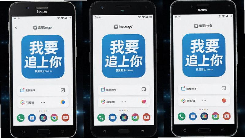 ‘我要追上你’APP在多品牌安卓手机上的兼容展示图,布局为三台手机并排,排版对称,风格为科技感产品展示,细节包含不同品牌的手机边框、屏幕显示‘我要追上你’界面、品牌Logo标识,画质高清,干净,无多余元素