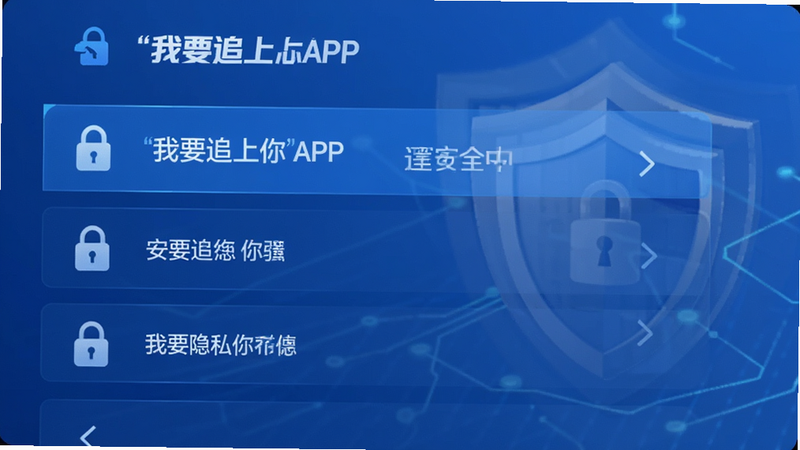 ‘我要追上你’APP的安全隐私设置页面示意图,布局为列表式菜单,排版整齐,风格为科技感蓝色调,细节包含锁形图标、盾牌背景、清晰的‘我要追上你’安全中心字样,画质精细,干净,无多余元素
