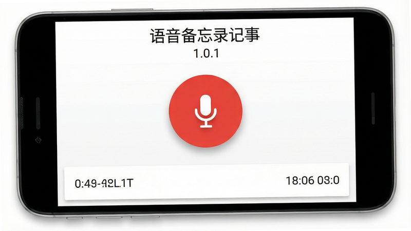 主体为“语音备忘录记事”安卓应用界面截图,布局采用中心对称设计,顶部显示软件名称与版本号1.0.1,中部为大尺寸红色麦克风启动按钮,下方排列简洁的录音列表项,包含时长与时间戳,背景为清爽的白色渐变,风格现代简约,细节处有轻微的投影效果增强立体感,画质高清,干净无多余元素,文字清晰显示“语音备忘录记事”
