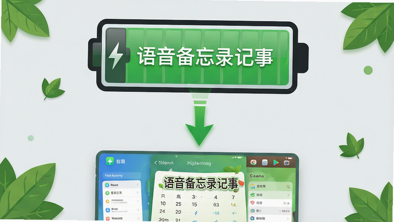 主体为“语音备忘录记事”的低功耗运行示意图,布局分为上下两部分,上部为手机电池图标显示高电量,下部为应用界面缩略图,中间用绿色箭头连接象征能量流转,背景为浅灰色,风格清新环保,细节处有叶子元素点缀,画质清晰,干净无多余元素,文字清晰显示“语音备忘录记事”