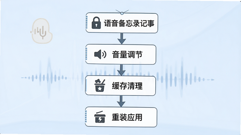 主体为“语音备忘录记事”的故障排查流程图,布局为垂直流程线,节点包括“权限检查”、“音量调节”、“缓存清理”、“重装应用”,每个节点配有对应的图标,背景为浅蓝色,风格清晰直观,细节处有箭头指示方向,画质高清,干净无多余元素,文字清晰显示“语音备忘录记事”
