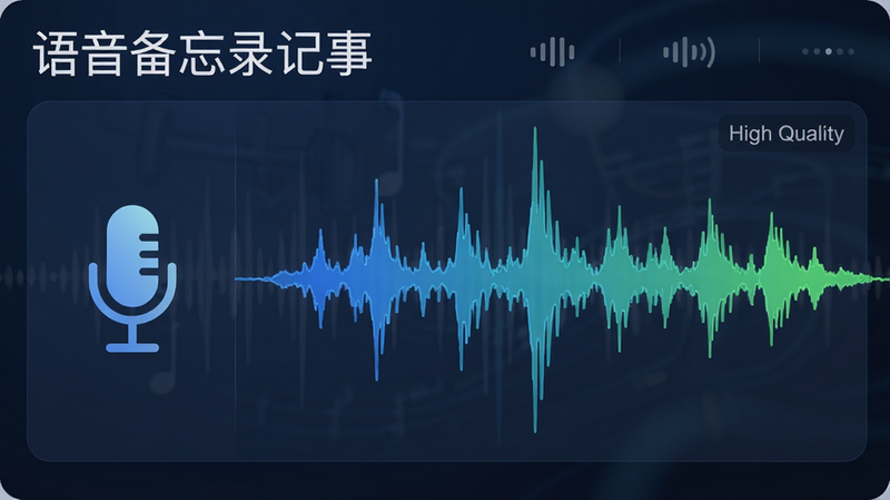 主体展示“语音备忘录记事”的高音质录音波形图,布局呈横向展开,左侧为麦克风图标,右侧为动态波峰波谷线条,颜色采用蓝绿渐变色以体现科技感,背景为深蓝色半透明蒙层,风格专业严谨,细节处标注“High Quality”字样,画质细腻,干净无多余元素,文字清晰显示“语音备忘录记事”