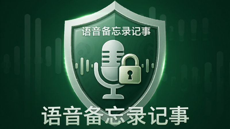 主体为“语音备忘录记事”的安全盾牌图标,布局为中心对称,盾牌内部包含麦克风与锁的元素,象征录音数据的安全保护,背景为深绿色渐变,风格稳重可靠,细节处有光晕效果,画质精致,干净无多余元素,文字清晰显示“语音备忘录记事”