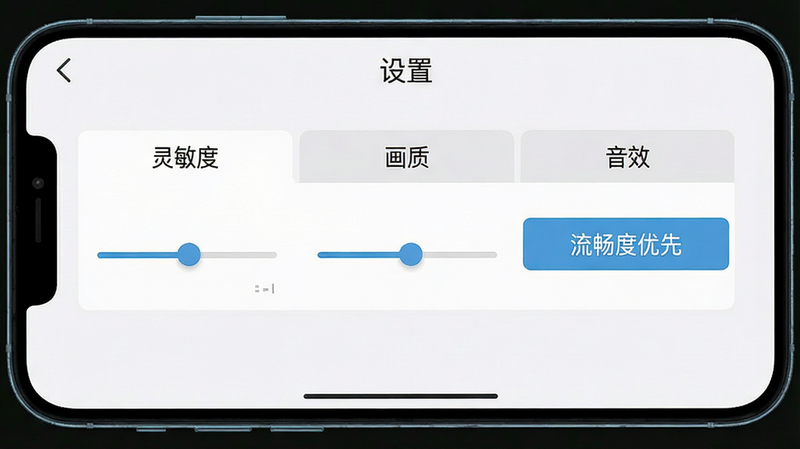 主体为手机屏幕截图风格的游戏设置界面,布局清晰展示“灵敏度”、“画质”、“音效”三个选项卡,风格为简洁的UI设计,细节显示滑条处于中间位置,画质高清,干净背景,文字“设置”在顶部,文字“流畅度优先”被高亮选中