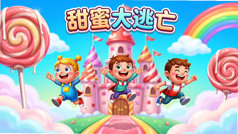 主体为游戏《甜蜜大逃亡》的主界面全景图,布局中心是三个正在跳跃的卡通角色,背景是巨大的棒棒糖城堡和彩虹云朵,排版采用中心对称构图,风格为明亮的高饱和度卡通插画风,细节展现糖果光泽与角色表情,画质4k高清,干净无多余元素,文字“甜蜜大逃亡”以圆润字体悬浮在顶部