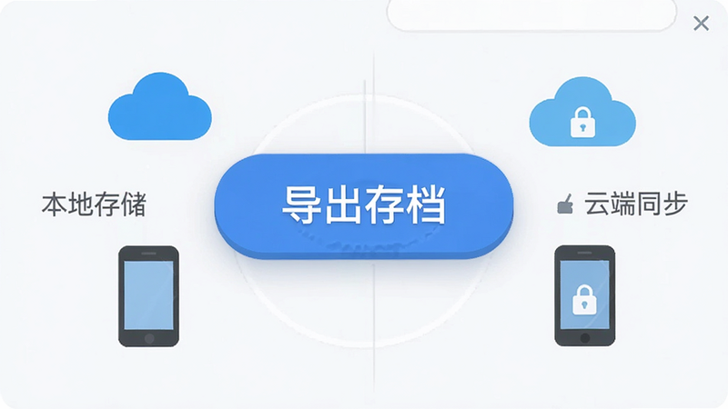 主体为游戏存档管理界面,布局中央是一个大按钮“导出存档”,周围环绕着云图标和手机图标,风格为扁平化设计,细节显示按钮有按压效果,画质清晰,干净背景,文字“本地存储”与“云端同步”并列显示,云端同步带有锁形图标