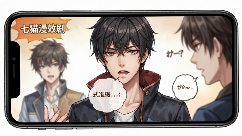 七猫漫剧动态效果展示图,主体为手机屏幕中漫画角色动态说话场景,布局聚焦中心角色,排版突出视觉焦点,风格二次元写实结合,细节丰富,画质清晰,干净,无多余元素