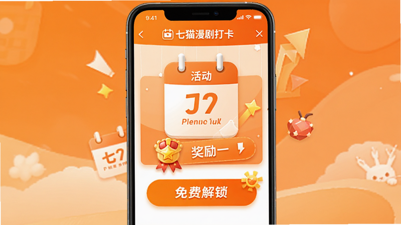 七猫漫剧免费活动界面示意图,主体为手机屏幕显示签到打卡与免费解锁按钮,布局突出中心活动区,排版醒目,风格活泼橙色系,细节包含日历图标与奖励标识,画质清晰,干净,无多余元素