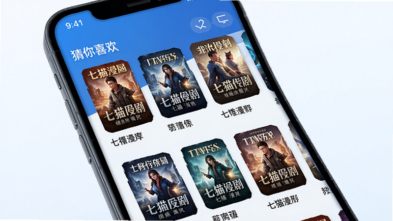 七猫漫剧个性化推荐界面示意图,主体为手机屏幕显示“猜你喜欢”板块,布局分栏清晰,排版有序,风格科技蓝调,细节包含封面缩略图与标题,画质高清,干净,无多余元素