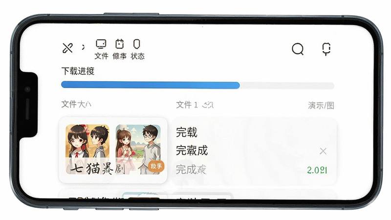 七猫漫剧离线下载功能演示图,主体为手机屏幕显示下载进度条与已完成列表,布局上下结构,排版简洁,风格实用主义,细节包含文件大小与状态标识,画质清晰,干净,无多余元素