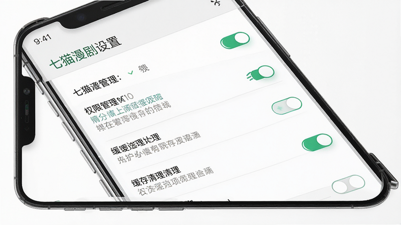 七猫漫剧设置界面预览图,主体为手机屏幕显示权限管理与缓存清理选项,布局列表式,排版清晰,风格简约白底,细节包含开关按钮与说明文字,画质高清,干净,无多余元素