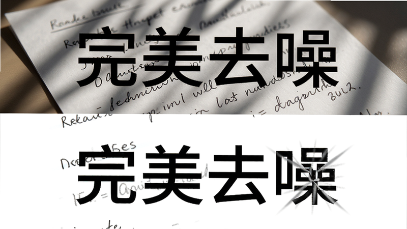 主体为文档处理前后效果对比,布局为上下滑动展示效果,上部分显示带有杂乱阴影和手写字的纸张,下部分显示干净清晰的白底黑字文档,排版直观清晰,风格清新明亮,细节突出净化效果,文字显示