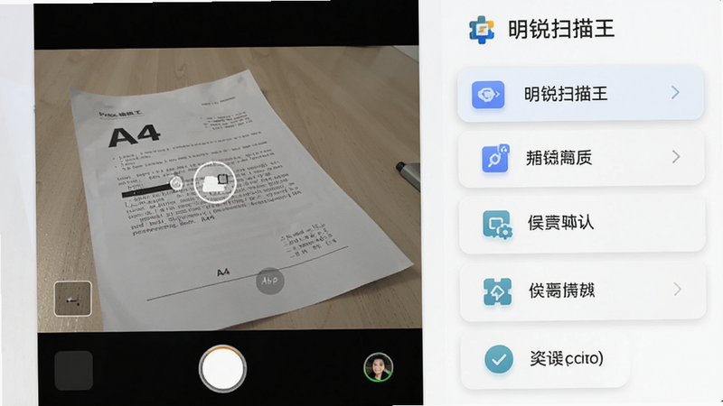 主体为明锐扫描王安卓版APP界面展示,布局采用左右分栏结构,左侧显示实时取景框内的A4纸张特写,右侧列出功能菜单,排版简洁现代,风格为扁平化科技风,细节包含清晰的UI图标与柔和的阴影效果,文字显示