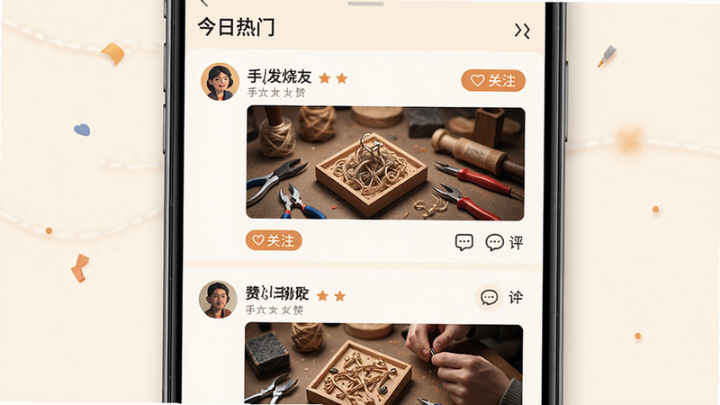 ����Ϊ���ֹ������ѡ�APP��������̬ҳ�棬����Ϊ��ֱ��Ϣ����ÿ����̬�����û�ͷ���ǳơ���ƷͼƬ�����������Ű�����ƶ����Ķ�ϰ�ߣ����Ϊůɫ��������Χ��ϸ�ڰ�������ע����ť�͡����ۡ�����ͼ�꣬�����������ɾ��޶���Ԫ�أ����֡��������š�λ�ڶ���