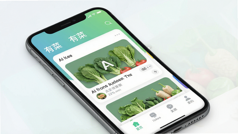 һ��չʾ���вˡ�APP������ĸ���ͼƬ������Ϊ�ֻ���Ļ������������������ʾӦ�����ơ��вˡ����м�����չʾAI���ɵĴ��⿨Ƭ�б����ײ��е����������Ϊ�ִ���ƽ��UI��ϸ�ڰ�����͵Ľ��䱳����������ͼ�꣬���ʸ��壬�ɾ��޶���Ԫ��