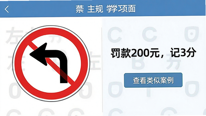 主体为法规学习页面,布局左右分栏,排版图文并茂,风格教育科普风,左侧显示禁止左转的标志图解,右侧显示文字说明“罚款200元,记3分”,下方有“查看类似案例”按钮,画质细腻,色彩鲜明,无杂乱背景