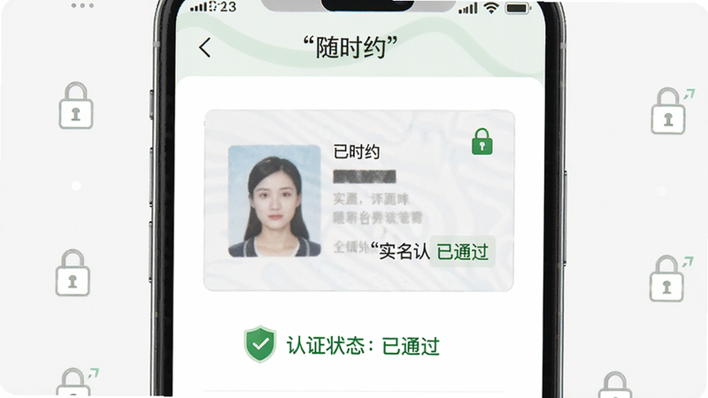 չʾ����ʱԼ��APP��ʵ����֤ҳ�棬��������Ϊ����֤�ϴ������·��С���֤״̬����ͨ��������ɫ���֣��Ա���һ������ͼ�ꡣ����Ϊ��ɫ�����ּ�࣬�Ű�淶�����ٷ���ʽ��ϸ�ڴ��а�ȫ����ʶ�����ʸ��壬�ɾ����޶���Ԫ�أ����ּ�������ʾ�硰ʵ����֤��������ͨ����