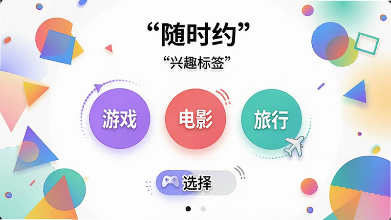 չʾ����ʱԼ��APP����Ȥ��ǩѡ��ҳ�棬��������Ϊ���ɫ��������Բ�α�ǩ��ť���硰��Ϸ��������Ӱ���������С�����Χ�����ų���ļ���ͼ��װ�Ρ����־��жԳƣ��Ű���ã�������ᳱ����ϸ�ڴ���΢����������ʾ�����ʾ�ϸ���ɾ����޶���Ԫ�أ����ּ�������ʾ�硰��Ȥ��ǩ������ѡ��