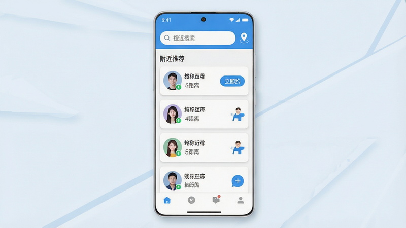 չʾ��Ϊ����ʱԼ���İ�׿APP������ȫ��ͼ�����ñ�ƽ��UI��Ʒ����ɫ��Ϊ��������ɫ�����涥����ʾ�������붨λͼ�꣬�в�Ϊ�������Ƽ�����Ƭ�б���ÿ�ſ�Ƭ�����û�ͷ���ǳƼ�������Ϣ���ײ�Ϊ���������������࣬�Ű�����������ִ���Լ��ϸ�ڴ��������Ӱ�����ʸ��壬�ɾ��޶���Ԫ�أ����ּ�������ʾ�硰�����Ƽ�����������Լ��
